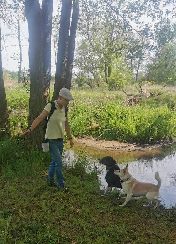 Antje Wenger - Papageien im Glück - mit ihren 2 Hunden in der Natur